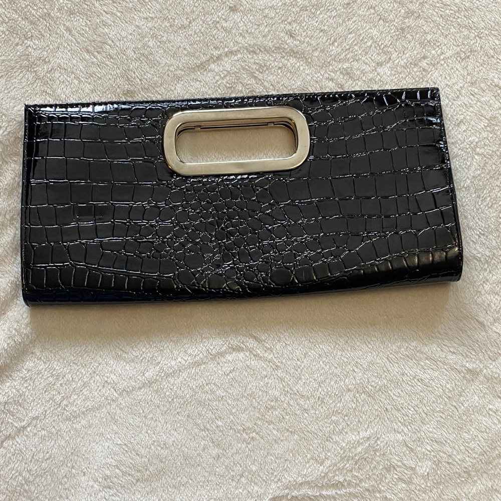 Sleek Black Crocodile-Embossed Clutch